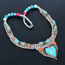 Collana etnica tibetana in argento sterling 925 con corallo turchese lapislaz...