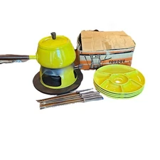 Vintage Retro MCM Yellow Fondue Set for 6 Forks / 4 Plates Boxed Made in Japan