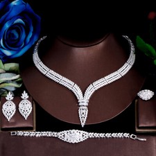 Women Luxury Leaf Design Silver Plated Cubic Zirconia Wedding Brides Jewelry Set