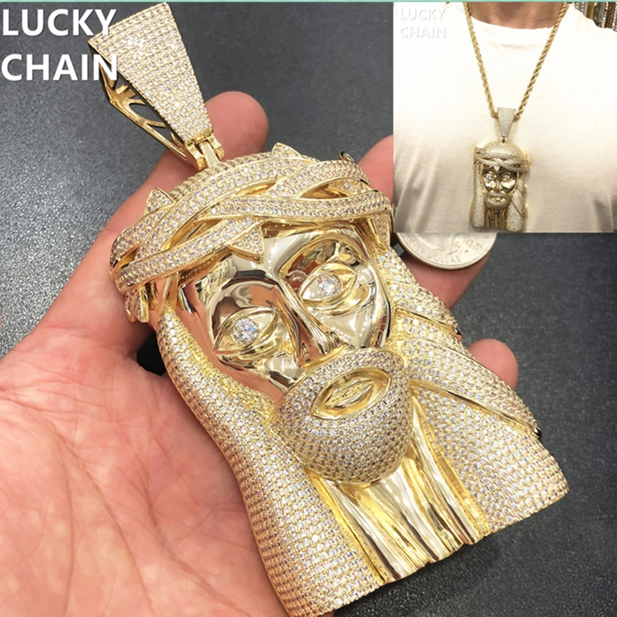 14K GOLD FILLED BIG JUMBO BLING JESUS PENDANT 24''ROPE CHAIN 195g