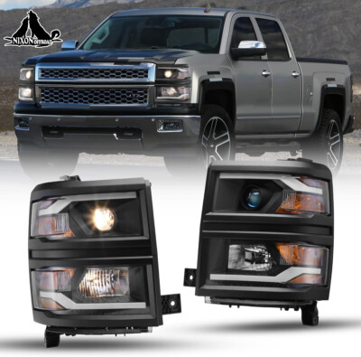 Pair LED DRL Headlights For 2014-2015 Chevy Silverado 1500 Black Clear Headlamps