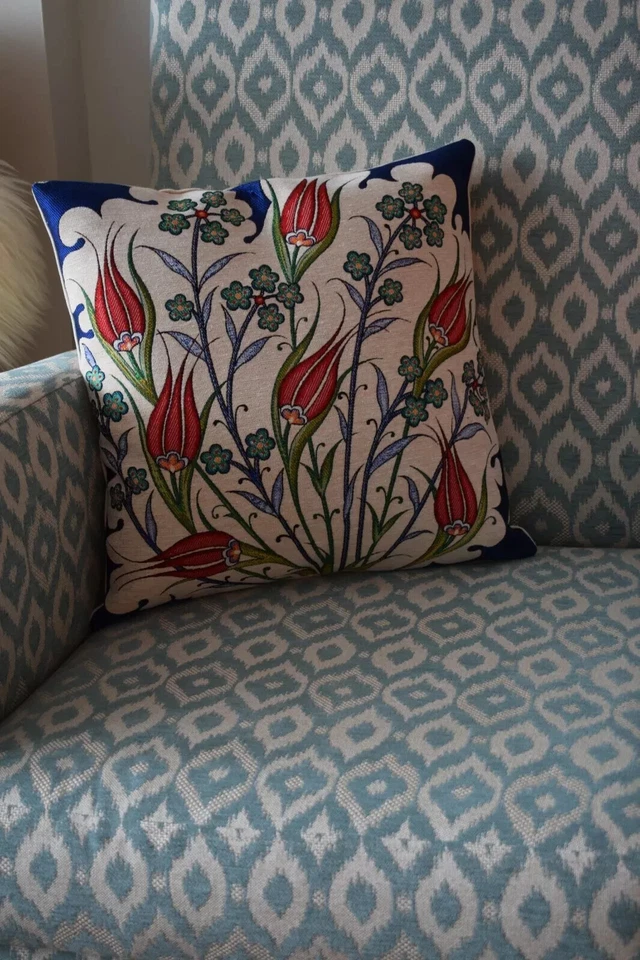 Turkish Tulip Tile Pattern Gobelin Pillow Covers,Tapestry Decorative Pillow Case - Image 4 of 4