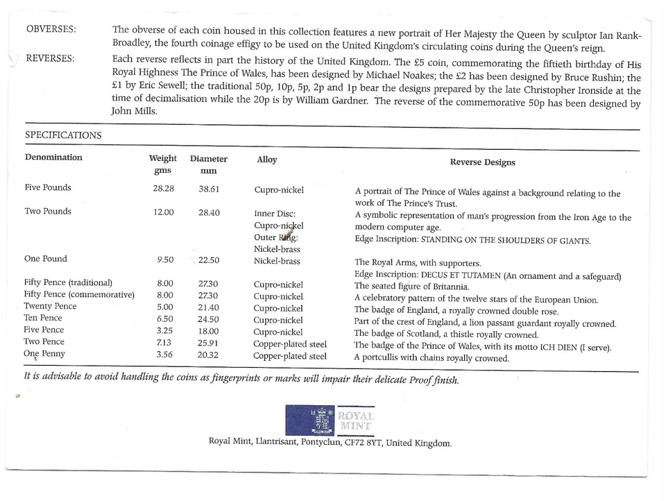 1998 Great Britain 10 Coin 1 Piece C.O.A. And Document Set~No Coins~Free Ship - Image 2 of 2