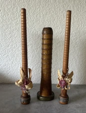 3 Vintage Wood Bobbins Metal Top Spin Band Stand Spool Spindle Candles