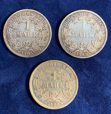 GERMANY EMPIRE  1905-A-D-E,  1 MARK SILVER COINS, LOT OF (3), VF/XF to AU