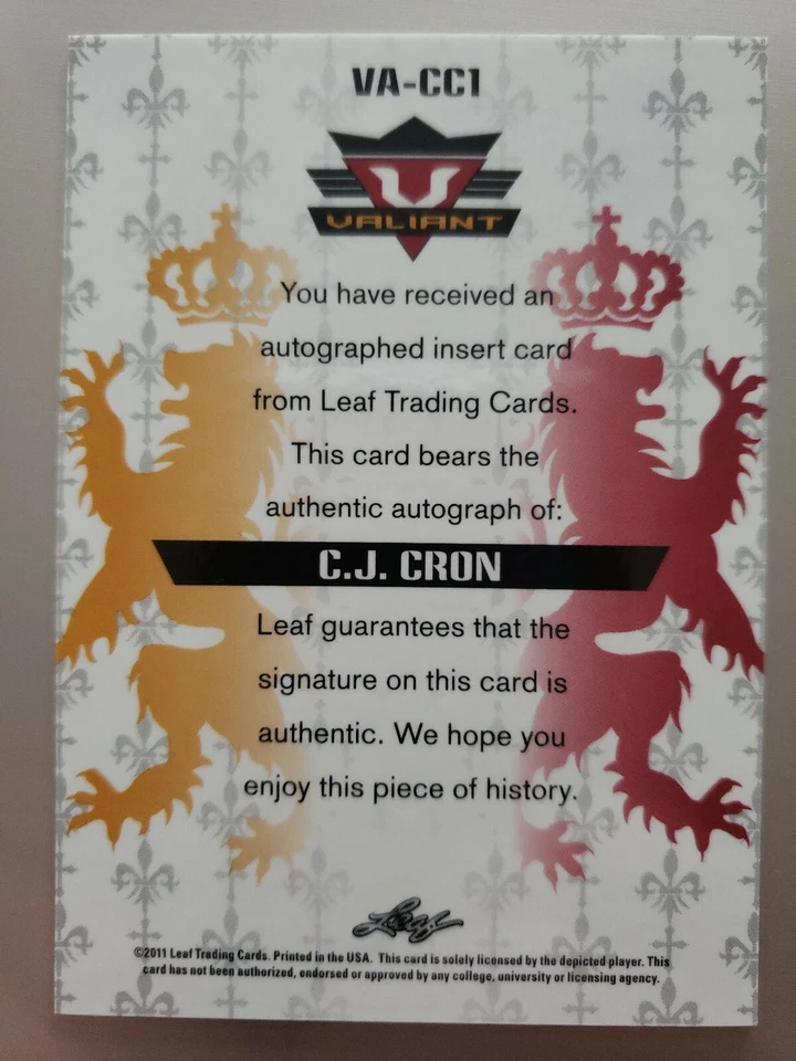 2011 LEAF VALIANT C.J. CRON ROOKIE AUTO CARD# VA-CC1 - Image 3 of 3