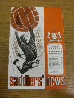 13/04/1968 Walsall v Bournemouth  (folded, heavy writing/scribble inside). Footy