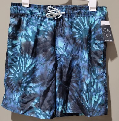 Original Use Men's XL 40/42 Navy Blue & Teal Fireworks Swim Trunks 7'' Inseam