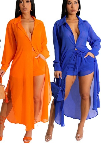 LIQUIDACIÓN - Color Naranja, Talla L - Conjunto de 2 piezas de camisa larga y pantalones cortos abiertos con botones - Imagen 4 de 8