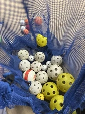 Lot Of 17 Plastic Balls With Holes And A Blue Mesh Bag