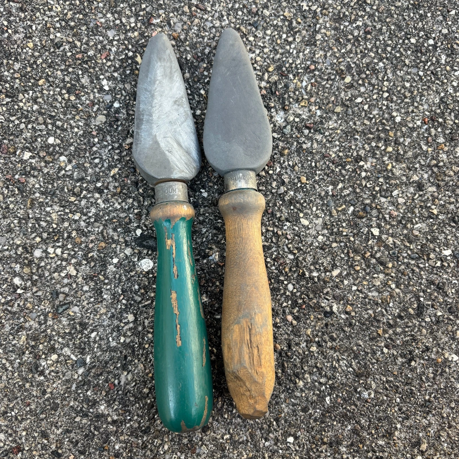 Two Vintage Carborundum Knife Sharpener Sharpening Stones Green & Wood Handle