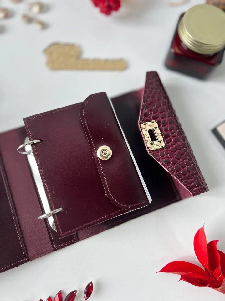 Burgundy leather notebook cover A7 6 rings mini wallet, Mini Planner Binder. - Image 2 of 4