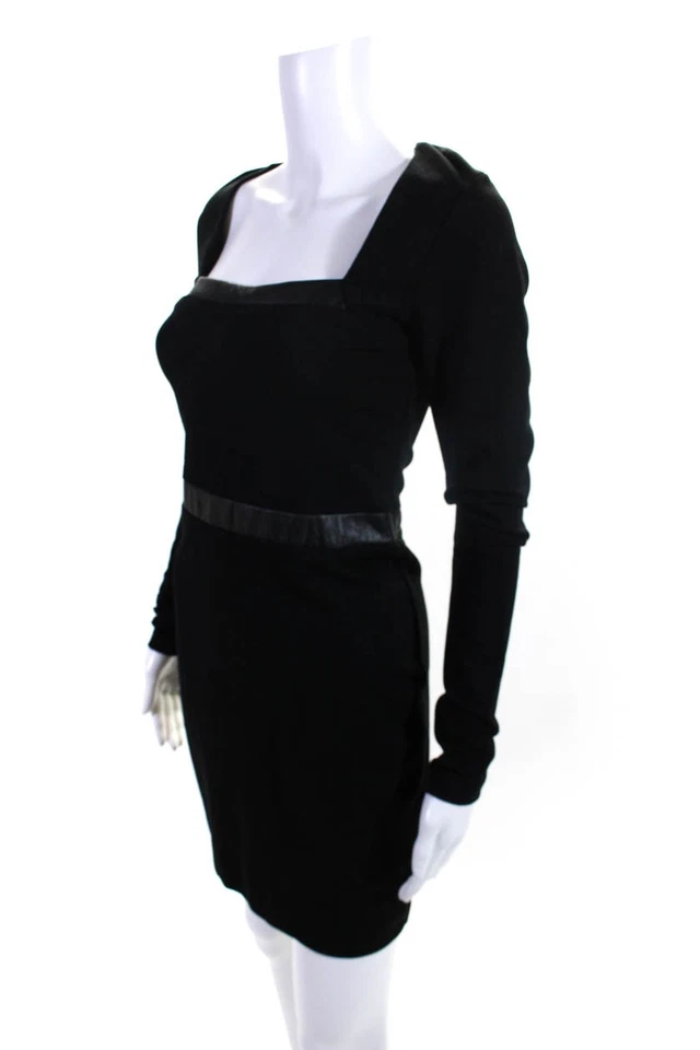 Vestido vaina Artelier Nicole Miller para mujer con ribete de cuero cuello cuadrado negro talla 4 Foto 2 de 4