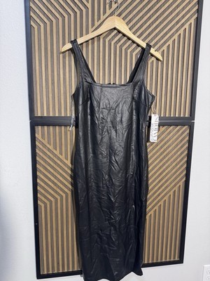 Forever 21 Almost Famous Black Faux Leather Midi Slip Dress Square Neck Size S