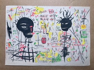 Jean-Michel Basquiat Zeichnung auf altem Papier (Handmade) signiertes und ges...