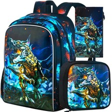 3PCS Kids Backpack for Boys, 16 Inch Dinosaur Water Resistant Preschool Backp...