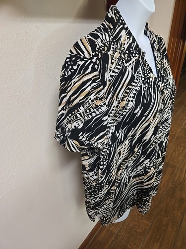 White Stag Plus Sz 2x Button Up Blouse Black White Tan Short Sleeves Cotton - Picture 3 of 9