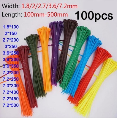 100Stück Nylon Kabelbinder Zip verschiedeneFarben Breite1,8-7,2mm Länge100-500mm