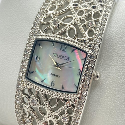 Studio Time Women's Watch Silver Tone Cuff MOP Floral Crystals New Battery SMALL