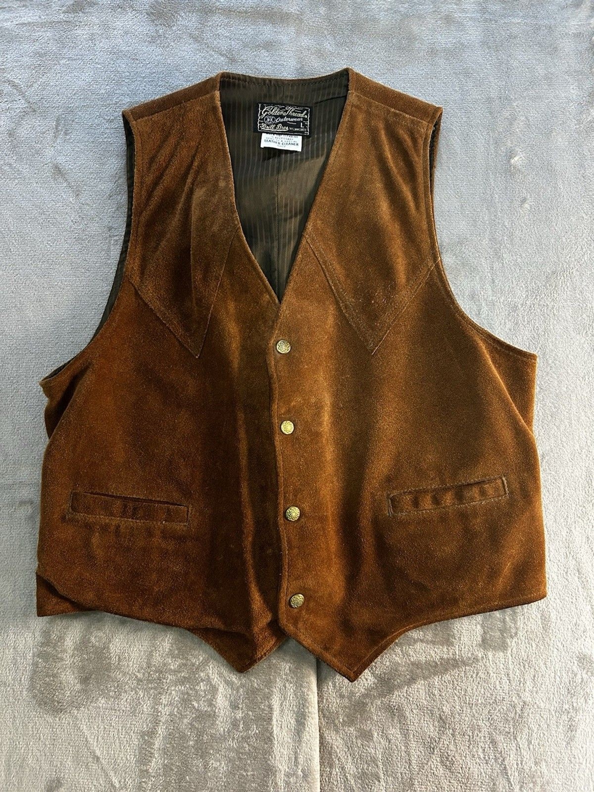 Vintage Golden Thread Brill Bros Brown Suede Leather Western Vest Men’s Large