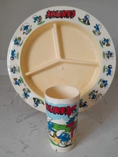 Vintage 1980 Smurf Cup & Divided Plate Set Deka Plastics Child's Dinnerware 