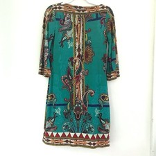 ECI Bold Colorful Teal Paisley Print Shift Dress Sm