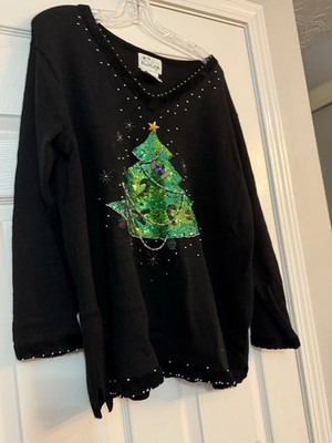 Vintage Quacker Factory Black Cotton Blend Christmas Tree Cardigan Sweater 1X