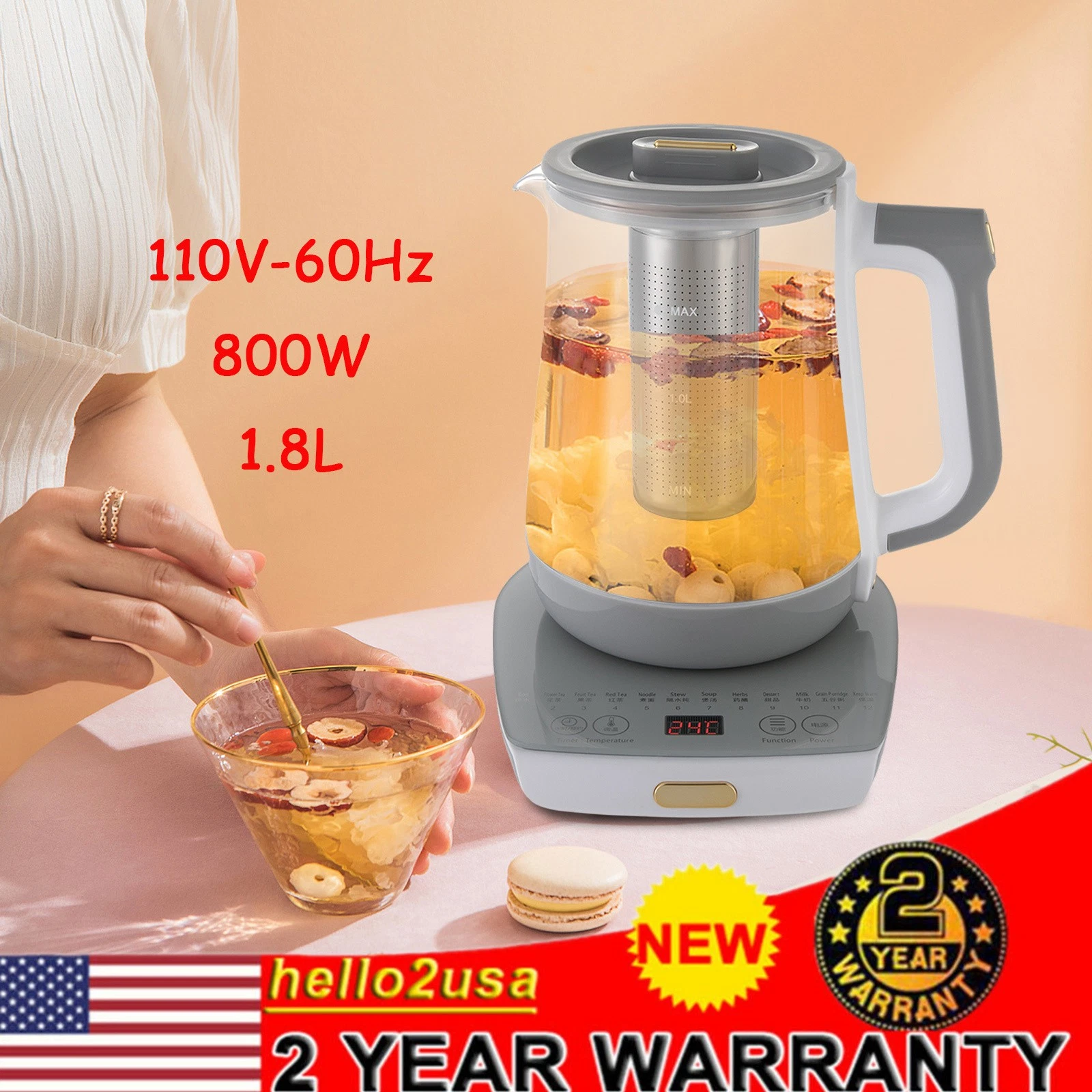 800W 1.8L Electric Kettle Glass Water Boiler Fast Boiling Tea Kettle 40-90°C