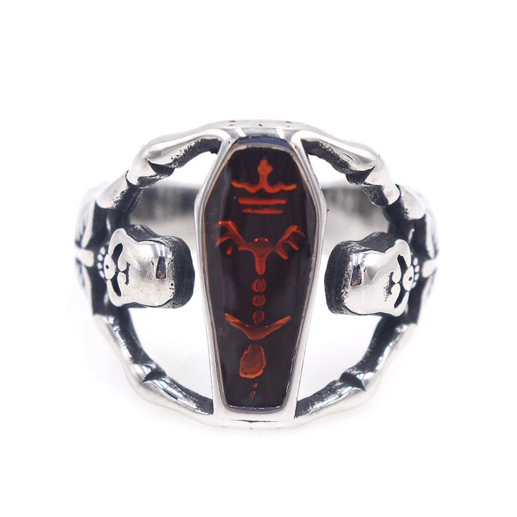 Anillo de ataúd gótico con doble calavera de acero inoxidable anillo de motociclista de sangre de vampiro Foto 4 de 4