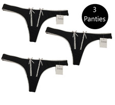 Frederick s of Hollywood Black Moonbean Pantie Lace Trim Bows 3 Thong Sz M