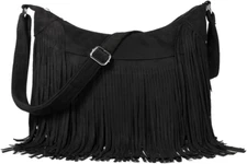 Women Fringe Hobo Bag Western Purse Shoulder Bag Vegan Suede Tassel Hippie Black