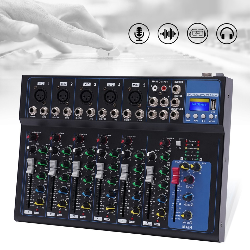 7Channel Bluetooth Portable Audio Mixer USB DJ Sound Mixing Console