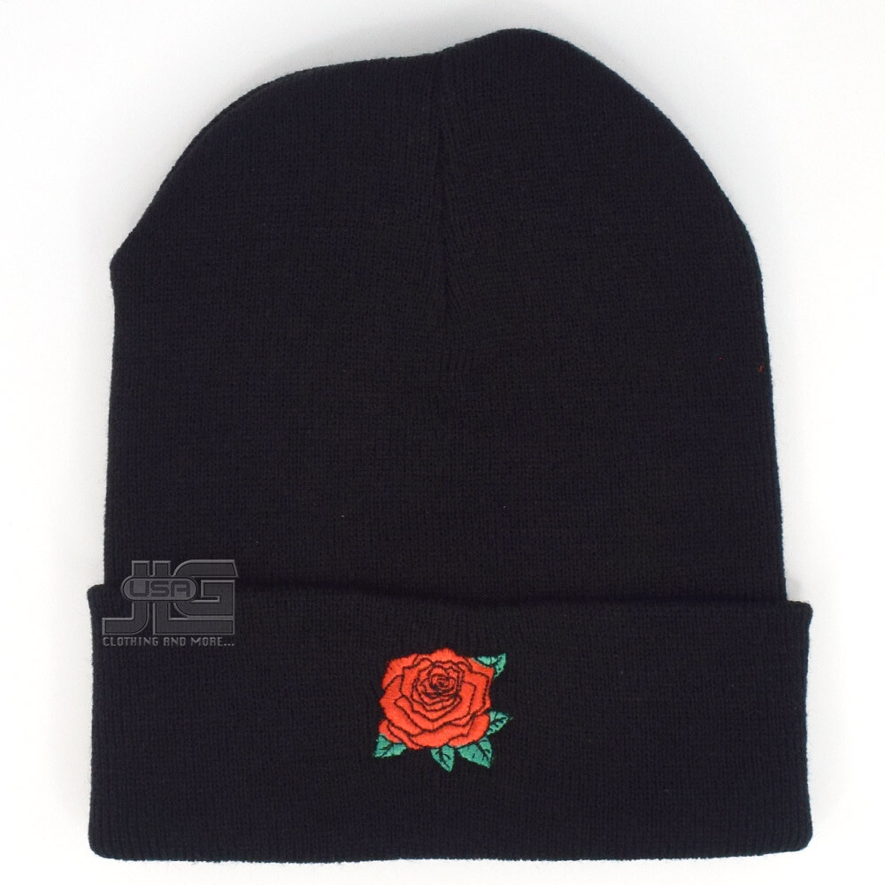 【FETICO】HAND-KNITTED ROSE BEANIE Rose Embroidery Red Rose Cuffed Beanie Skully Men Women New
