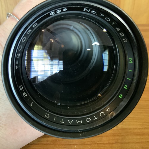 Miida Automatic Camera Lens, No. 701422 1:3.5 f = 200mm with case, Screw Mount