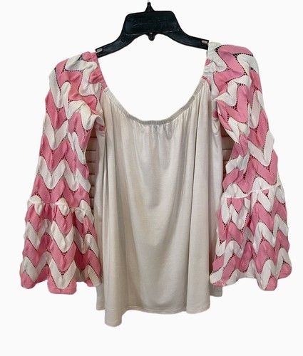 Vava Joy Han Blouse Women Small Chevron Barbiecore Fun Pink White Boho USA Read - Picture 2 of 11