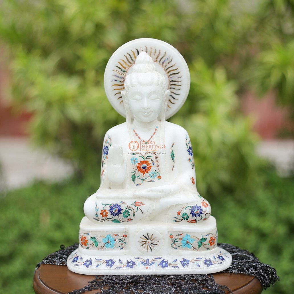 White Marble Top Buddha Statue Multi Precious Inlay Stone Floral 
