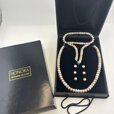 Honora Necklace Earrings Bracelet Set Lot White Pink Button Sterling Silver Box