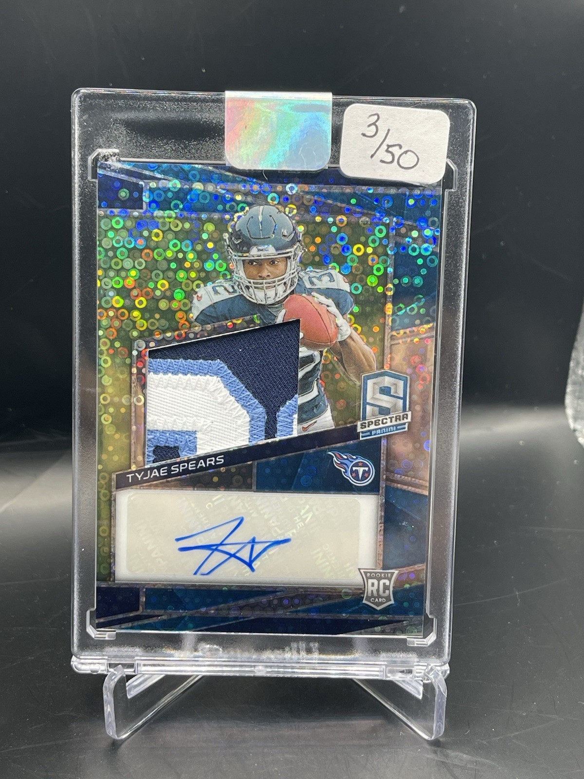 2023 Panini Spectra - Tyjae Spears #237 Neon Blue Prizm  RPA /50 (RC,AU)