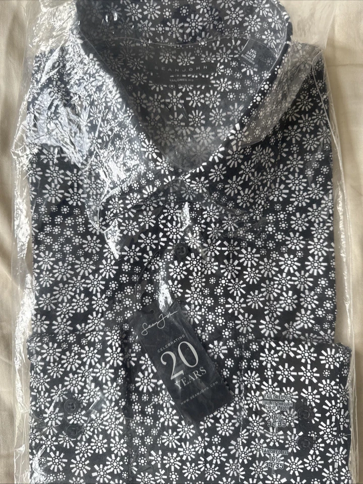 NWT Sean John Black White Floral Print Dress Shirt 16.5 34/35 Chest 48" - Image 2 of 2