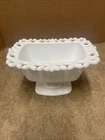 Vintage WHITE MILKGLASS COMPOTE RECTANGLE RIBBED LACED BOWL DISH
