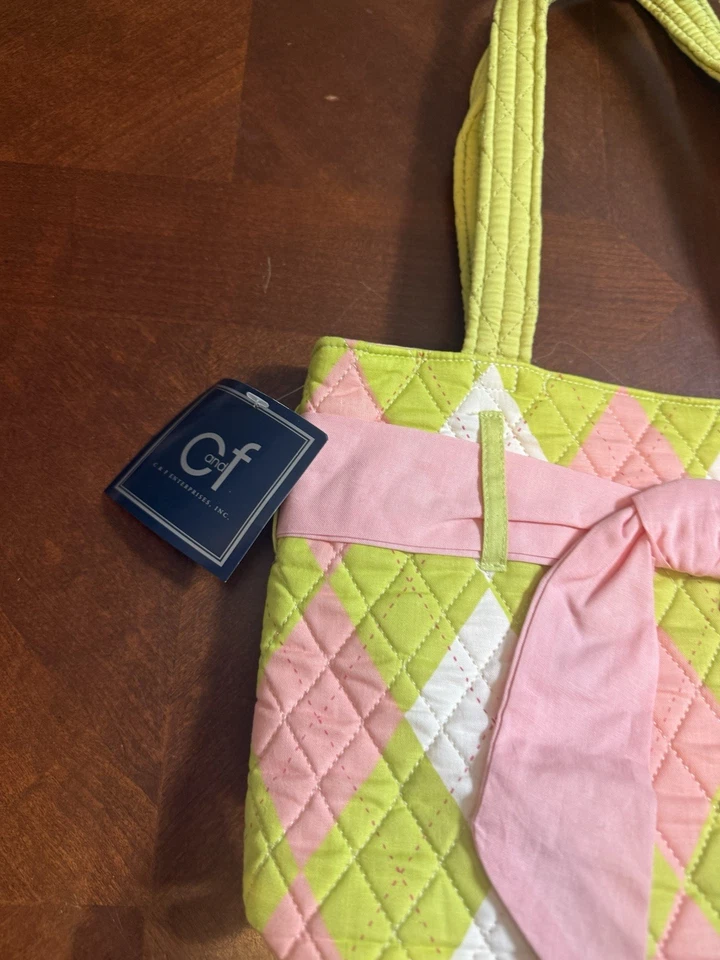 C&F Quilted Tote Bag Pink Green Argyle Bow Preppy Cottagecore Purse - Image 3 of 4