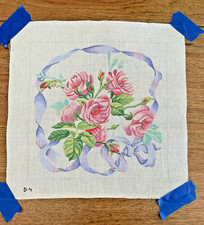 Needlepoint Canvas 14" Pillow "Roses with Ribbons" Hand Painted 18 mesh
