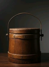 ANTIQUE Primitive Wooden Firkin Sugar Bucket Staved Pail with Swing Handle & Lid