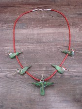Hand Carved Bronze Gaspeite Aggregate Hummingbird Fetish Necklace - Mitchell