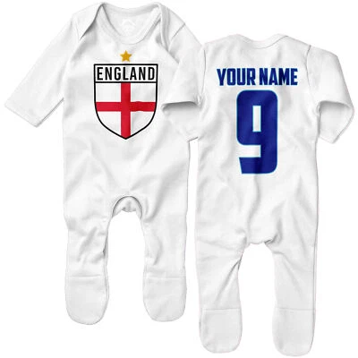 THE CLOTHING SHED Personalised England Flag Football Name and Number Romper Suit Baby Kit English