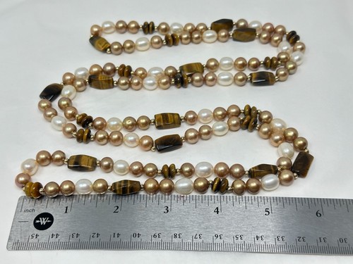 Vintage 14K Yellow Gold White Golden Freshwater Pearl Tiger's Eye 52" Necklace - 第 10/11 張圖片