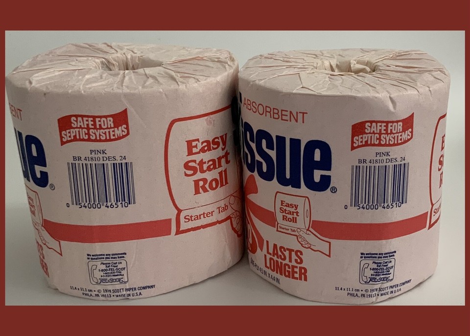 Vtg 1978 SCOTTISSUE Scott Toilet Paper 2 PINK ROLLS 1000 Sheets Ea