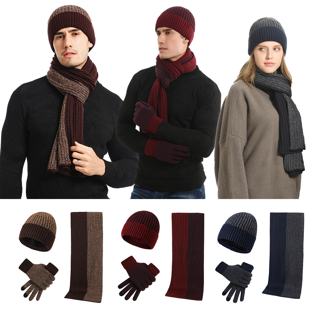 3 Unids/Set Hombres Mujeres Gorro Y Bufanda Para El Cuello Guantes De Punto