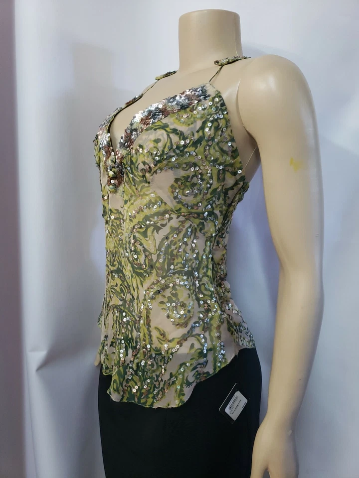 Top para mujer Alessandro Dell Acqua seda lentejuelas talla 40 EE. UU. 6 sin mangas verde #CB3 Foto 4 de 4