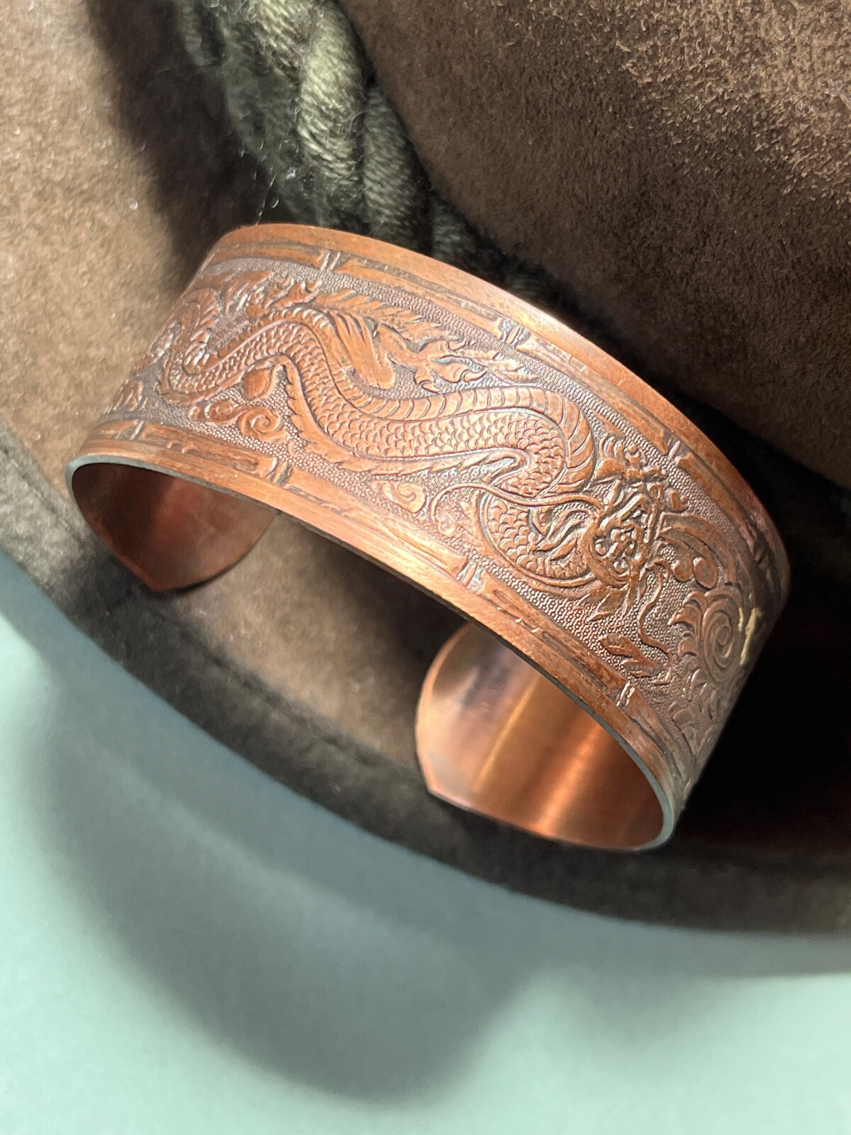 Wide Dragon Etched Solid Copper Cuff Bangle Brace… - image 8